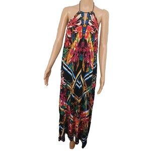 Flying Tomato Dress Womens Black Floral Halter Keyhole Tassels Maxi Sz L